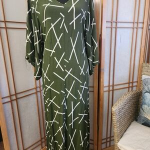 Ava Sky Olive Maxi Dress with White Geometric Design